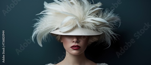 a mannequin head wearing a white hat with feathers on it's brim and a red lip. photo
