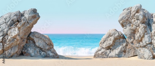 a group of rocks sitting on top of a beach next to a body of water with a pink sky in the background. photo