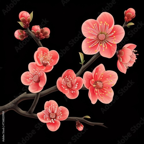 a close up of a branch with flowers on a black background with a black back ground and a black back ground.
