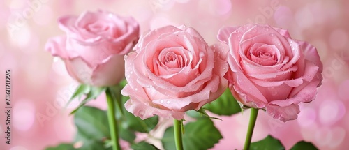 three pink roses are in a vase with water droplets on the petals and a pink boke of light in the background.