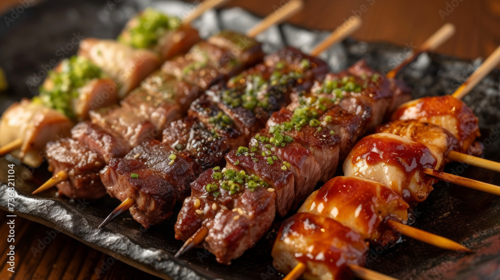 A plate of beautifullypresented yakitori skewers each one bursting with bold flavors from being cooked over an open flame. The smoky aroma and golden char marks make it impossible