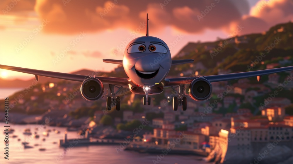 Cartoon airplane with big eyes flies low over a sunset city. A smiling airplane flies above a colorful city near the water.
