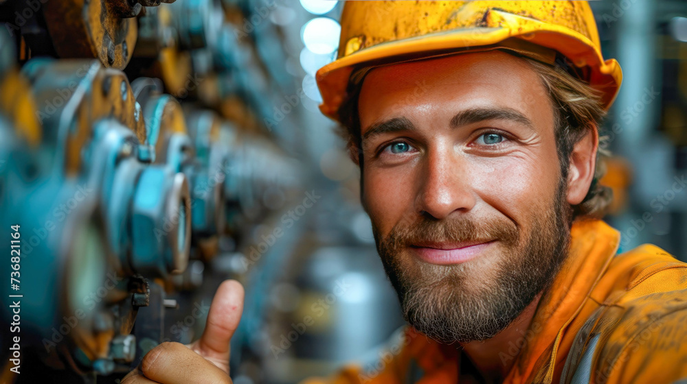 Portrait of a happy male worker in uniform and hardhat smiling at camera while standing in factory Portrait of a happy male worker in uniform and hardhat smiling at camera while standing in factory