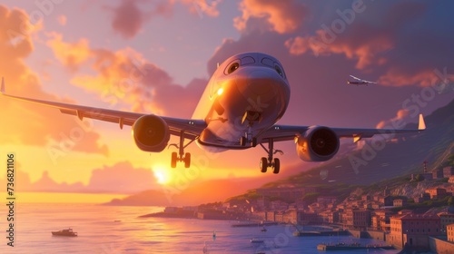 Cartoon airplane with big eyes flies low over a sunset city. A smiling airplane flies above a colorful city near the water. 