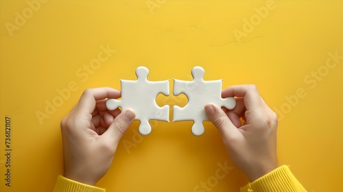 Hands connecting two puzzle pieces over yellow background. concept of finding solutions and teamwork. simple and clean design. AI