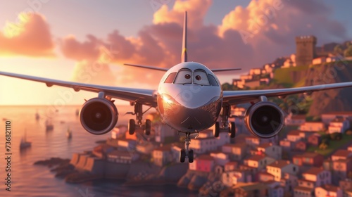 Cartoon airplane with big eyes flies low over a sunset city. A smiling airplane flies above a colorful city near the water.
