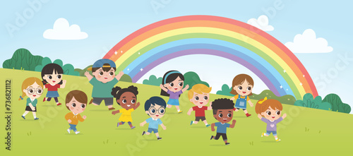 Happy Kids are walking on the park and rainbow background. Children's activities.