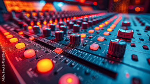 Professional audio mixing console in nightclub. Close up of sound equipment