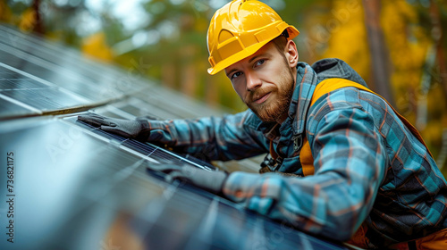 A male worker specialist engineer installs a solar panel to generate alternative environmentally friendly green energy