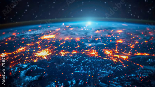 planet earth  from space with visible city lights with glowing particles and bokeh