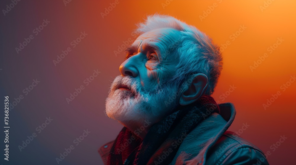 Elderly man with thoughtful expression under warm cold light. portrait, contemplative mood, and artistic style. captivating elderly male subject. AI