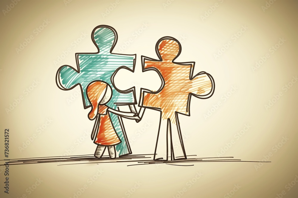 Drawn illustration of a child and their parents made of puzzle pieces ...