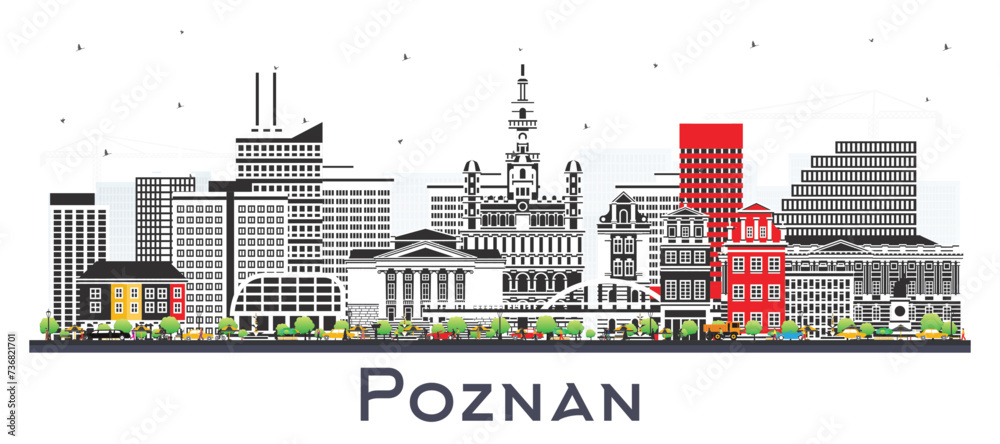 Poznan Poland City Skyline with Color Buildings isolated on white. Poznan Cityscape with Landmarks. Business Travel and Tourism Concept with Historic Architecture.