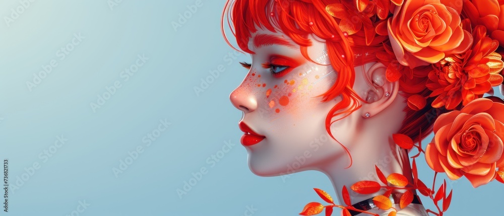 a digital painting of a woman with red hair and flowers in her hair, with blue sky in the background.