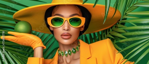 a woman in a yellow hat and sunglasses with a green apple in her hand and palm leaves in the background. photo