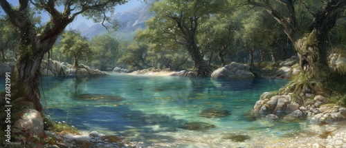 a painting of a river with rocks and trees in the foreground and a mountain range in the back ground.