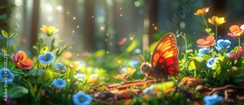 a butterfly sitting on the ground in the middle of a forest filled with wildflowers and small blue and yellow flowers. photo