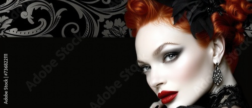 a close up of a woman with red hair wearing a black dress and a black and white wallpaper behind her.