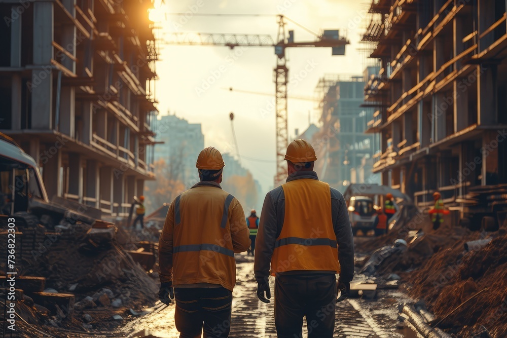 Back view of workers at a construction site. Generative AI. Back view of workers at a construction site. Generative AI.
