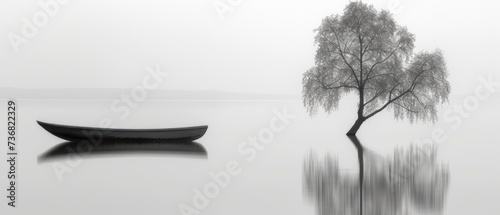 a black and white photo of a boat in the water with a tree in the foreground and a foggy sky in the background.