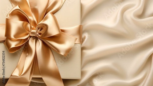 Elegant gold gift box with satin ribbon on silk texture. luxury packaging design, ideal for special occasions and holidays. AI