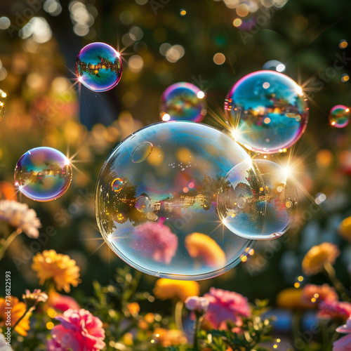 Delicate soap bubbles dancing in the air reflecting vibrant colors and capturing fleeting moments of joy