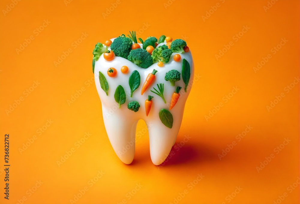 a white tooth decorated with vegetables