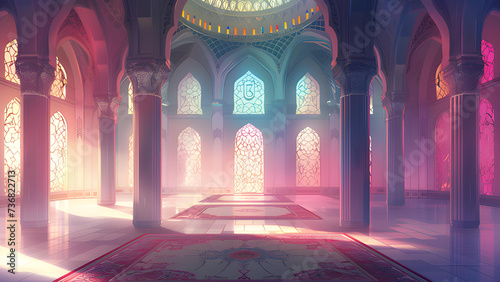 Illustration of the Interior of a Mosque with Rays of Sunlight 