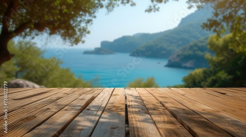 Fototapeta Naklejka Na Ścianę i Meble -  Empty wooden table top with blurred nature background. Calm sunny day in nature with sea and mountain view. Generative AI.