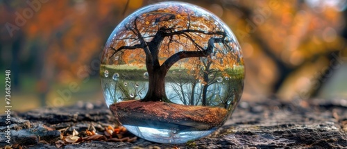 a glass ball with a tree inside of it on top of a tree stump in front of a body of water.