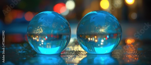 a couple of blue glass balls sitting on top of a blue counter top in front of a blurry background. photo