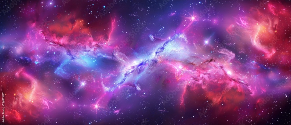 a very colorful space filled with stars and a bunch of pink and blue stars in the center of the image.