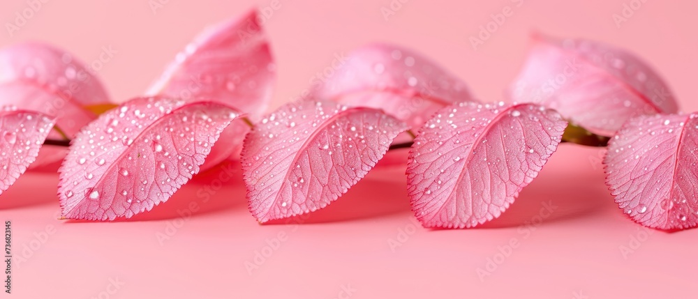 a group of pink leaves with drops of water on them, on a pink background, with a pink background.