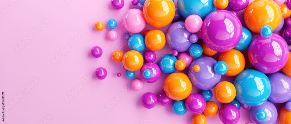 a pile of colorful balloons sitting on top of a pink table next to a cup of coffee on top of a pink table.