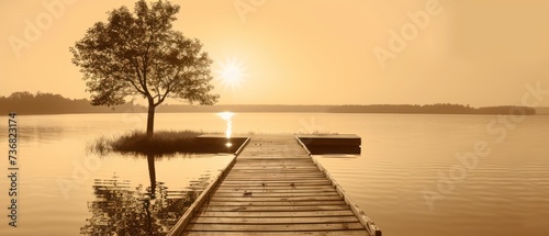 a boat dock on a lake with a lone tree in the foreground and the sun setting in the background. photo