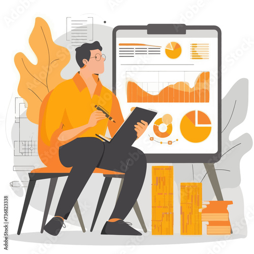 Businessman working on laptop in office vector illustration. Cartoon man sitting on chair, working on laptop, analyzing financial report, planning strategy. Vector illustration in flat style