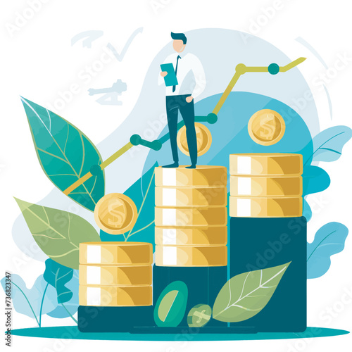 Businessman standing on top of stack of gold coins. Financial growth concept. Flat vector illustration.