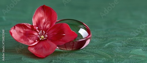 a close up of a red flower in a glass vase on a green surface with a green leafy background. photo