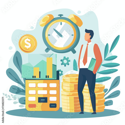 Businessman standing on top of stack of gold coins. Financial growth concept. Flat vector illustration.