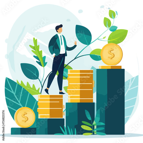 Businessman standing on top of stack of gold coins. Financial growth concept. Flat vector illustration.