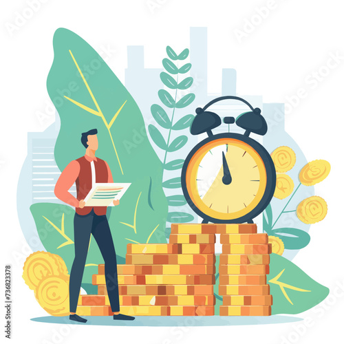 Businessman standing on top of stack of gold coins. Financial growth concept. Flat vector illustration.