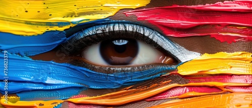 a close up of a person's eye with colorful paint on it's face and eyeshade. photo