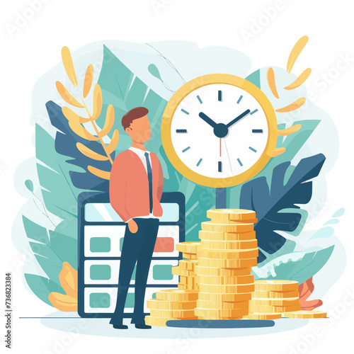 Businessman standing on top of stack of gold coins. Financial growth concept. Flat vector illustration.