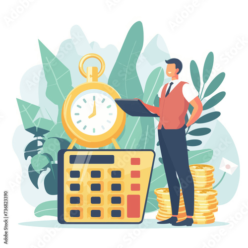 Businessman standing on top of stack of gold coins. Financial growth concept. Flat vector illustration.
