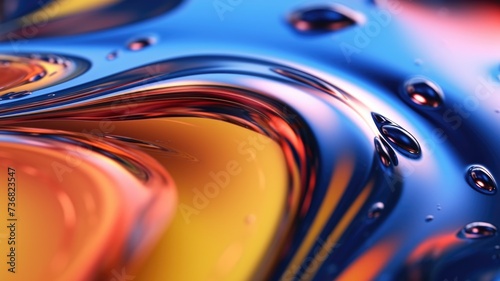 The close up of a glossy liquid surface abstract in red, yellow, and blue colors with a soft focus. 3D illustration of exuberant. generative AI