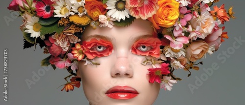 a close up of a woman with flowers on her head and her eyes closed and her face covered by flowers.