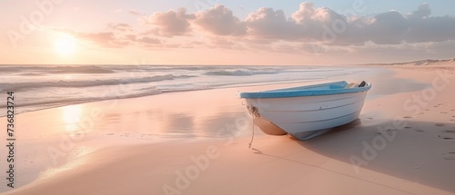 a small boat sitting on top of a sandy beach next to the ocean with the sun setting in the background.