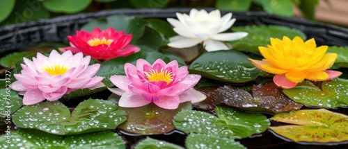 a group of water lilies floating on top of a pond filled with green leafy plants and water droplets. photo