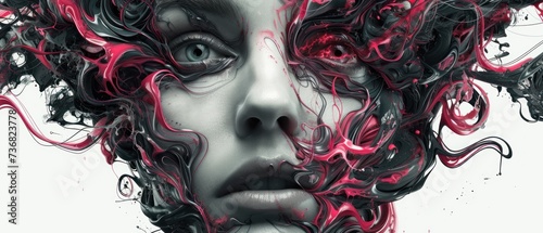 a close up of a woman's face with red and black swirls on her face and her hair blowing in the wind. photo