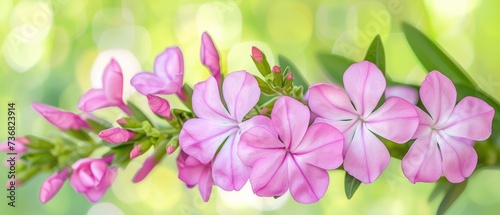 a bunch of pink flowers sitting on top of a green leaf covered tree branch in front of a blurry background.